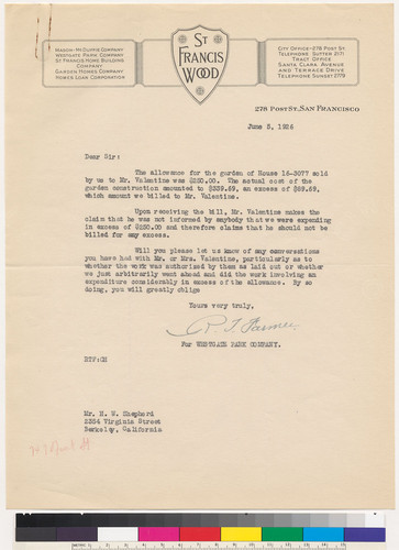 Letter from Westgate Park Co. to H.W. Shepherd regarding Valentine garden, 1926