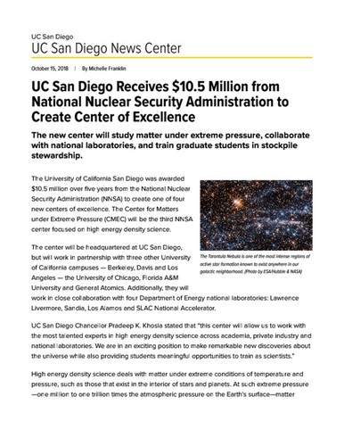 UC San Diego Receives $10.5 Million from National Nuclear Security Administration to Create Center of Excellence