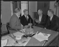 Suspects Fred Stettler and Emyt Lentz (Sokolis) confront each other in the presence of Captain Bert Wallis and Det. Lt. Miles Ledbetter, Los Angeles, 1936