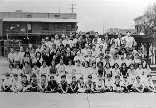 Los Angeles Chung Hua School group picture. On the back: Harry Quillen 418 s. Ramona Ave., Monterey Park, CA)