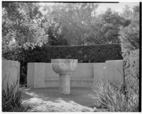 Wright Saltus Ludington residence, stone basin on pedestal, Montecito, 1931
