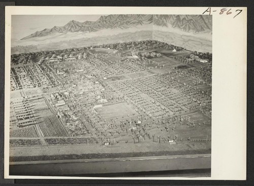 New Year's Fair. Model of camp 2, prepared for agricultural exhibit [by] evacuee craftsmen. Photographer: Stewart, Francis Poston, Arizona