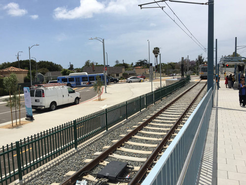 Eastbound train approaching Metro Line Westwood/Rancho Park station, May 20, 2016