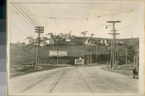 North on San Bruno Ave. from Cresent [Crescent] St. showing the Burnel [Bernal] Hills. Feb. 1927