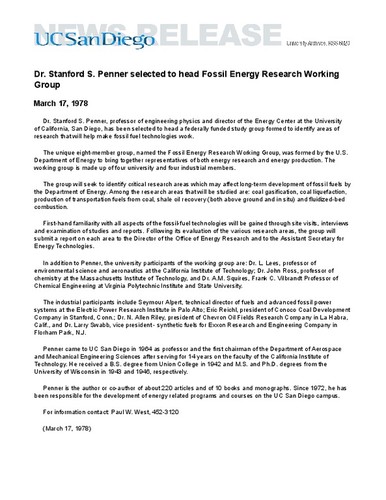Dr. Stanford S. Penner selected to head Fossil Energy Research Working Group