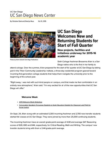 UC San Diego Welcomes New and Returning Students for Start of Fall Quarter
