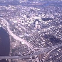 Aerial view of I-5 Freeway looking north with the Sacramento River on the left