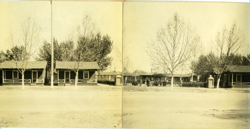 Panoramic view of cannery workers' housing in Turlock, California, circa 1930