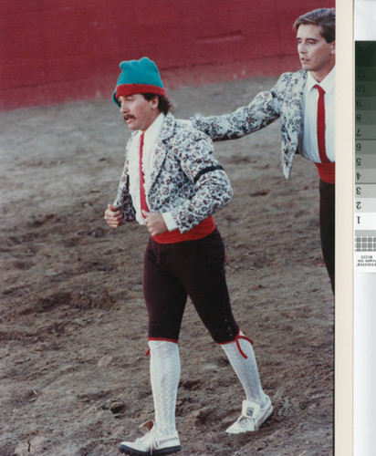 A traditionally costumed forcado (bull grabber) near Escalon, California, July 2, 1989