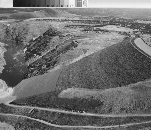 Aerial view of the new Don Pedro Dam's back side prior to its coverage by reservoir water