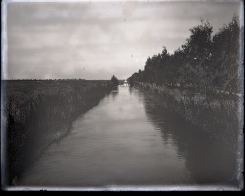 Glass negative image of an early Turlock Irrigation District canal, circa 1915