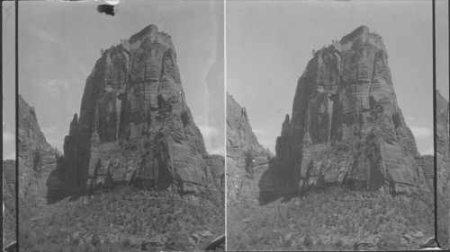 Also shown at left, trail to west Rim which is cut in solid rock. Angels Landing. Zion National Park. Utah