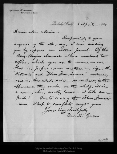 Letter from Edw. L. Greene to John Muir, 1894 Apr 6