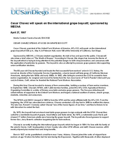 Cesar Chavez will speak on the international grape boycott; sponsored by MEChA
