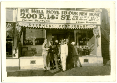 Group of men standing in front of Stephens' Restaurant & Lunch Room