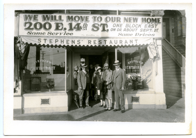 Group of men standing in front of Stephens' Restaurant & Lunch Room