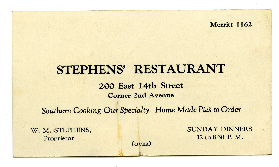 Stephens' Restaurant business card