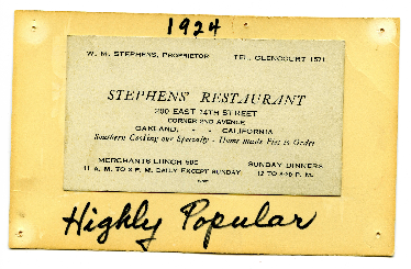 Stephens' Restaurant business card