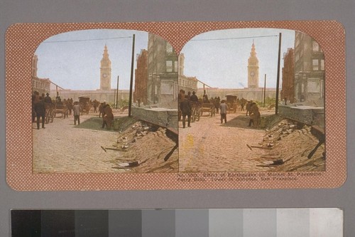 Effect of Earthquake on Market Street Pavement. Ferry Bldg. Tower in distance, San Francisco