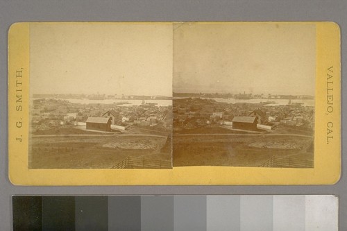 (West from the Hill where we live view of the business part of Vallejo and Mare Island Navy Yard; on verso)