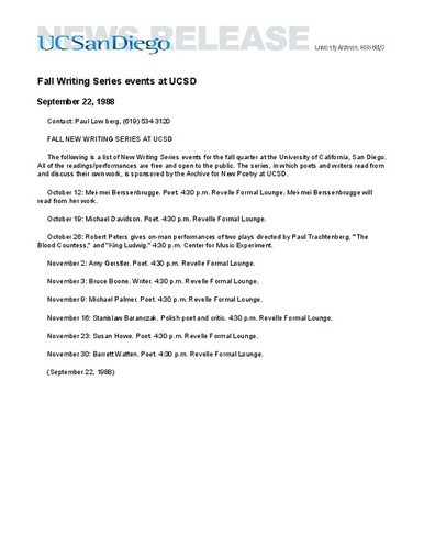 Fall Writing Series events at UCSD