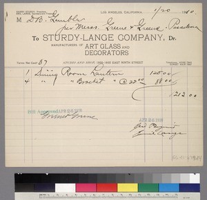 Invoice from Sturdy-Lange Company to D. B. Gamble for 5 dining room lanters