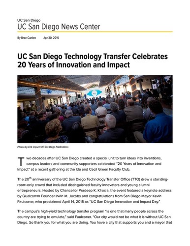 UC San Diego Technology Transfer Celebrates 20 Years of Innovation and Impact