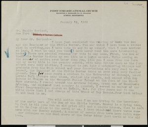 Raymond C. Swisher, letter, 1922-01-22, to Hamlin Garland