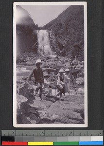 Missionaries standing in front of the Flume Falls,Thai Jong, Guangdong, China, 1919