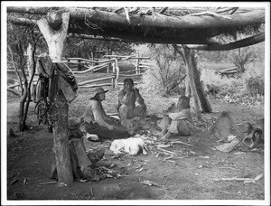 Havasupai Indian men sitting at Waluthama's "hawa" in Havasu Village, ca.1899