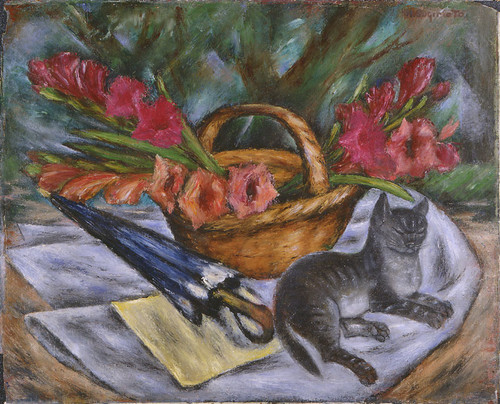 Still Life: Cat, Umbrella, Flowers