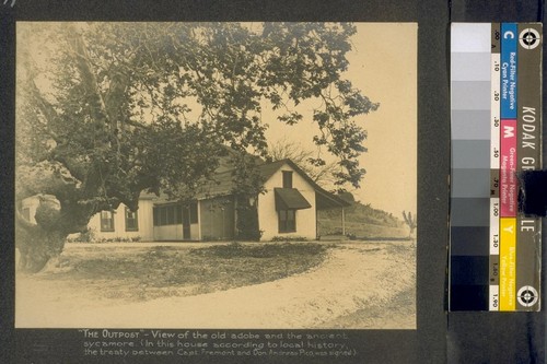 "The Outpost"--View of the old adobe and ancient sycamore. (In this house according to local history, the treaty between Capt. Fremont and Don Adreas Pico was signed.)