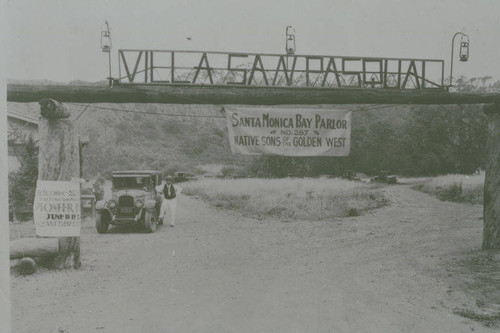 Automobile at the entrance to the Villa San Pasqual, a Marquez Family owned campground in Santa Monica Canyon