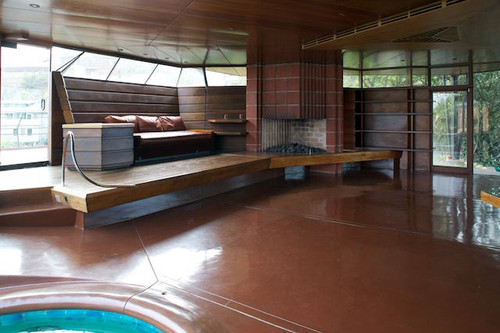 Interior of Living Room with Fireplace and Movable Built-in Seating