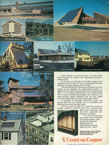 “Copper solar collectors. Now delivering practical, economical energy in every kind of building under the sun.”