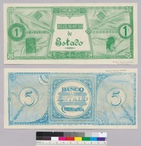 Un Peso (Orange Front, Green Back) and Cinco Peso (back) banknotes