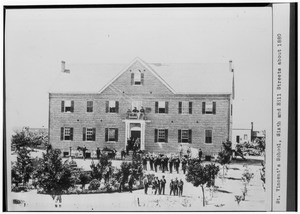 Exterior view of St. Vincent's School between Hill Street and Sixth Street in Los Angeles, ca.1890