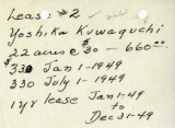 [Handwritten lease terms] for Lease #2 between Yoshiko Kawaguchi and Carson Estate Company circa 1949