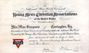 Alla Mae Simpson's Certificate of Service to YMCA