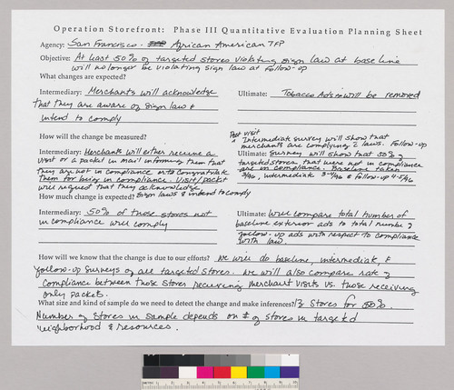 Operation Storefront Phase III Evaluation Planning Sheet