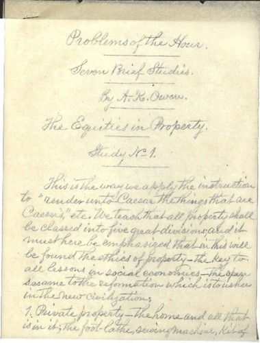 Problems of the Hour: Seven Brief Studies, by A. K. Owen. The Equities in Property. Study No. 1