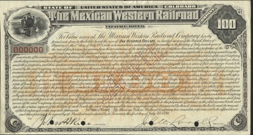 Mexican Western Railroad - Sample stock certificate