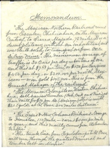 Mexican Northern Railroad - Memorandum