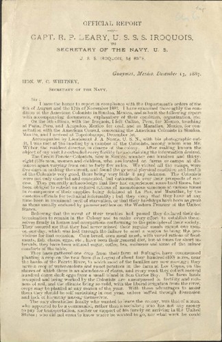 Credit Foncier Company - Official Report of Capt. R.P. Leary, U.S. S.S. Iroquois to Secretary of the Navy, U.S