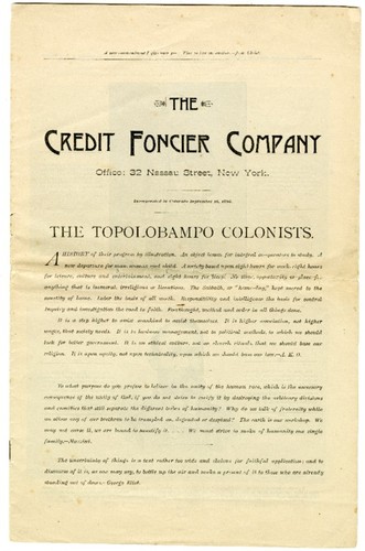 Credit Foncier Company - The Topolobampo Colonists. Testimonial