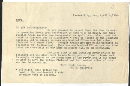 Letter from A. E. Stilwell to the Stockholders of the Kansas City, Mexico and Orient R. R