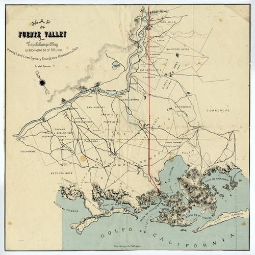 Map of the Fuerte Valley from Topolobampo Bay to Kilometre 65 of R.R. Line Showing Land Lines, Sanitary Zone