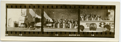 Count Basie, Helen Humes, Bennie Morton and Dickie Willis performing on stage at the Golden Gate International Exposition