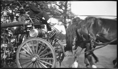 Fireman riding on horse-drawn fire wagon