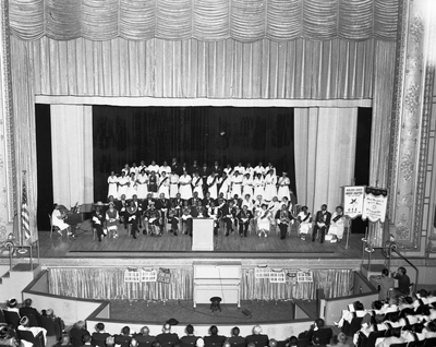 Aerial view of members of F.& A.M. and O.E.S. in theater hall